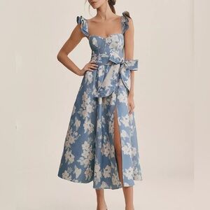 V. CHAPMAN VERA RUFFLE-STRAP CORSET SIDE-SLIT MIDI DRESS